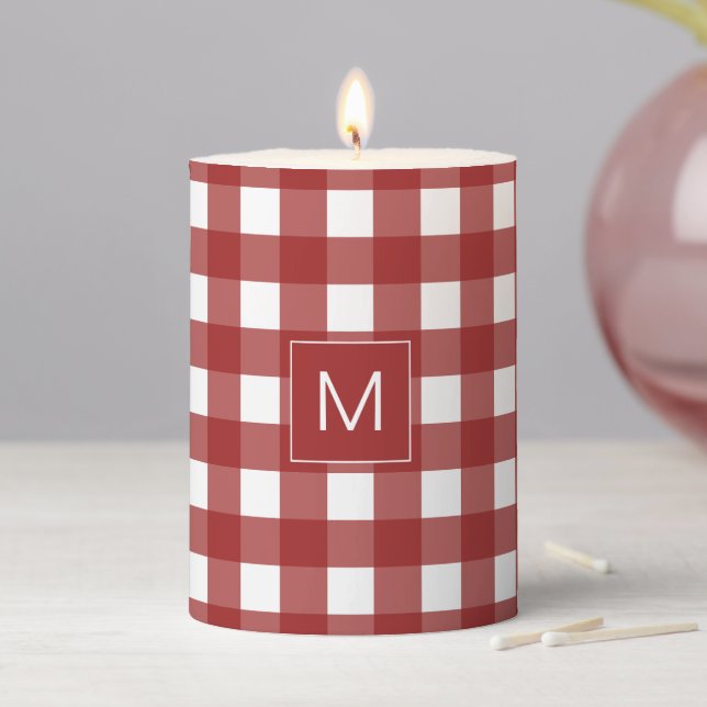 Monogrammed Red and White Gingham Plaid Pattern  Pillar Candle (In Situ)