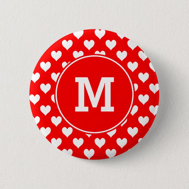 Monogrammed Red and White Heart Pattern Pinback Button (Front)