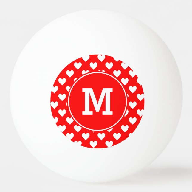 Monogrammed Red and White Heart Pattern Ping-Pong Ball (Front)