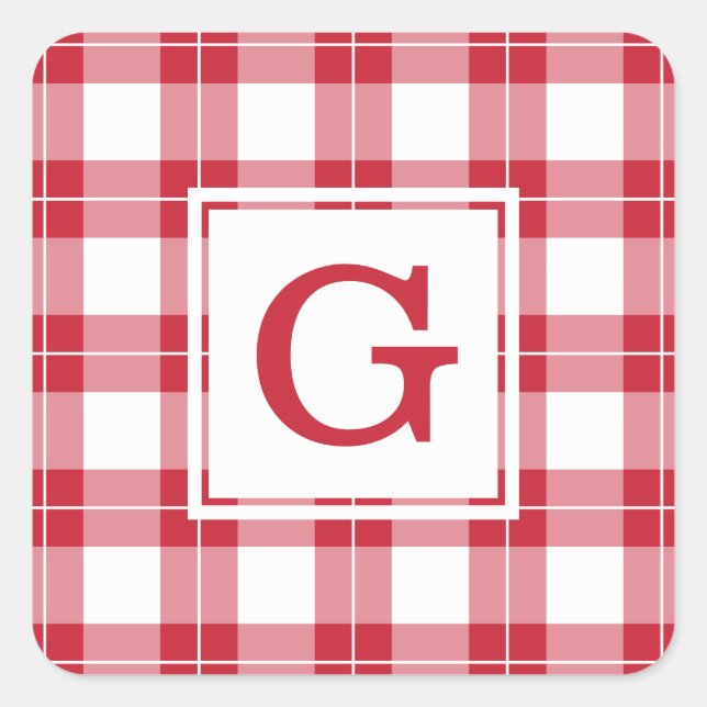 Monogrammed Red and White Plaid Pattern Square Sticker (Front)