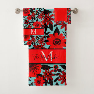Monogrammed Red, Black and Blue Jungle Floral Bat Bath Towel Set