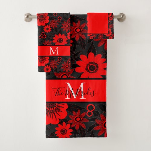 Monogrammed Red Black and White Jungle Floral Bath Towel Set