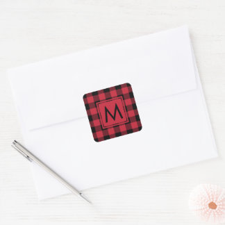 Monogrammed Red Black Buffalo Plaid Pattern Square Sticker