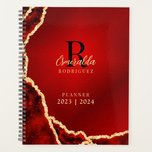 Monogrammed Red Black Gold Agate 2023 2024 Elegant Planner