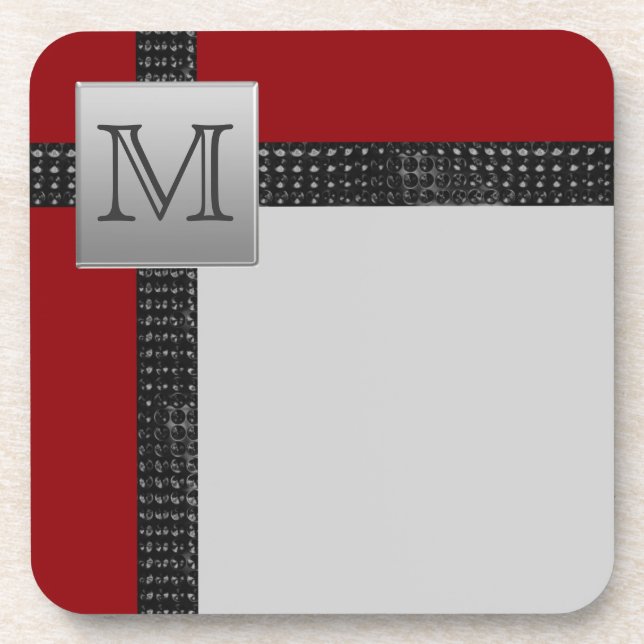 Monogrammed Red Black Gray Coaster Set (6) (Front)