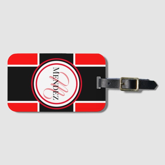 Monogrammed Red / Black Luggage Tag (Front Horizontal)