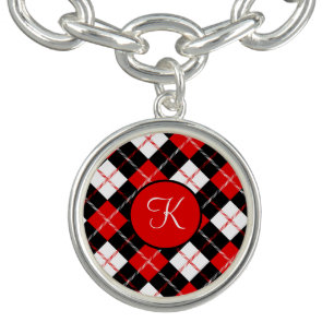 Monogrammed Red Black White Argyle Plaid Charm Bracelet