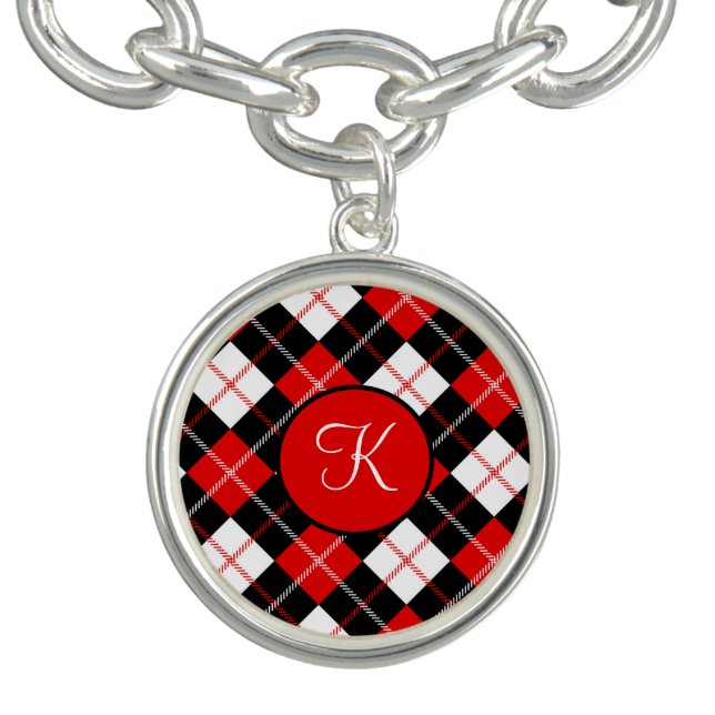 Monogrammed Red Black White Argyle Plaid Charm  Bracelet (Design)