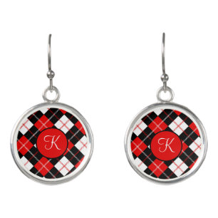 Monogrammed Red Black White Argyle Plaid dangle Earrings