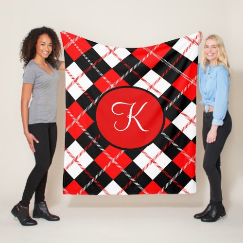 Monogrammed Red Black White Argyle Plaid Fleece Blanket