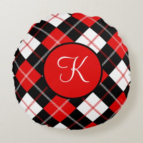 Monogrammed Red Black White Argyle Plaid Round Pillow