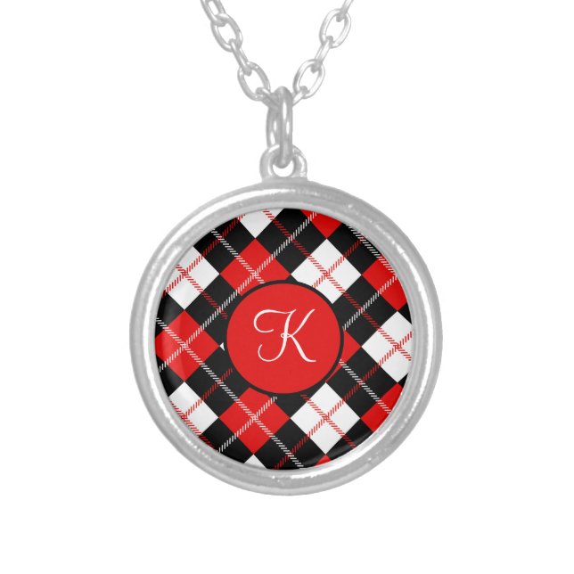 Monogrammed Red Black White Argyle Plaid Silver Plated Necklace (Front)