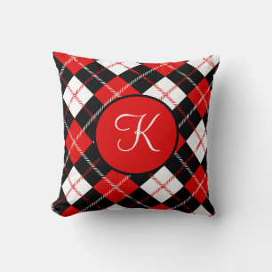 Monogrammed Red Black White Argyle Plaid Throw Pillow
