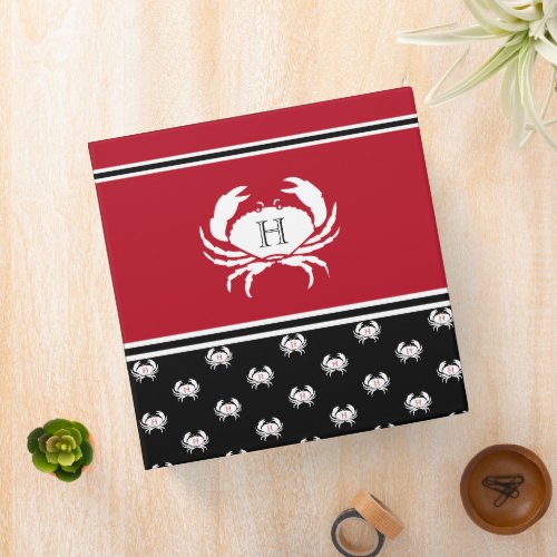 Monogrammed Red Black White Crab Nautical  3 Ring  3 Ring Binder