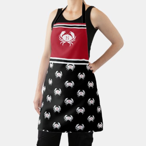 Monogrammed Red Black White Crab Nautical Apron