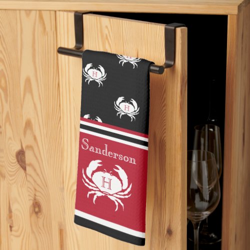 Monogrammed Red Black White Crab Nautical Apron Kitchen Towel