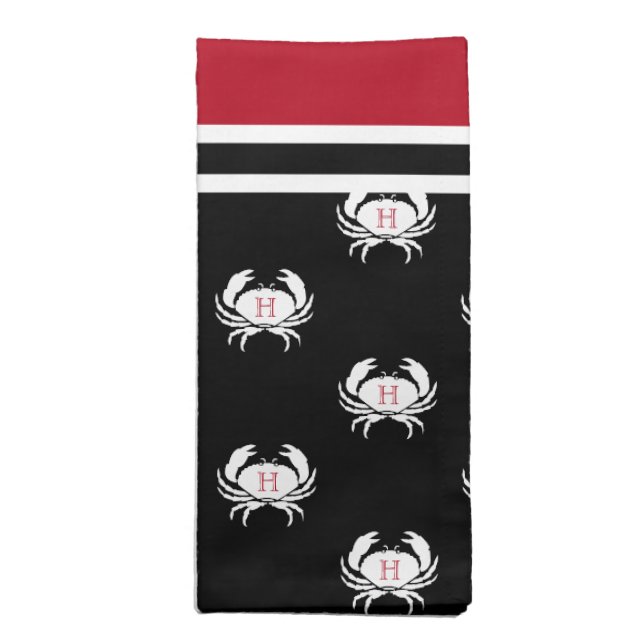 Monogrammed Red Black White Crab Nautical  Cloth Napkin (Folded)
