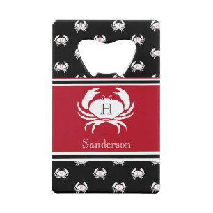 Monogrammed Red Black White Crab Nautical Credit Credit Card Bottle Opener