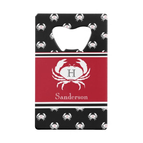 Monogrammed Red Black White Crab Nautical  Credit  Credit Card Bottle Opener