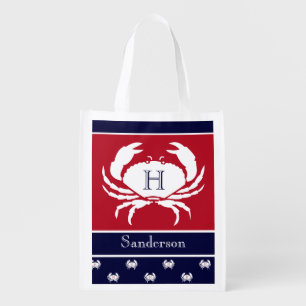 Monogrammed Red Black White Crab Nautical Grocery Bag