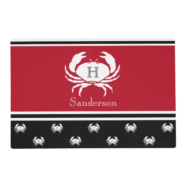 Monogrammed Red Black White Crab Nautical  Placemat (Front)