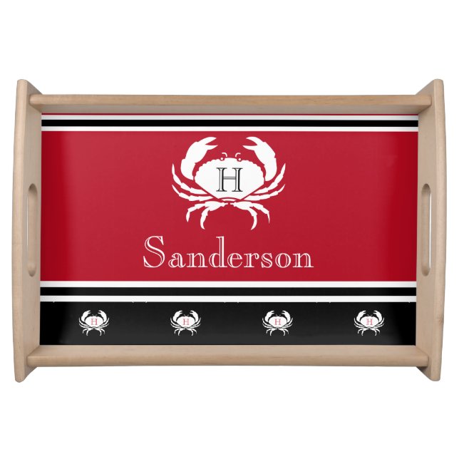 Monogrammed Red Black White Crab Nautical Serving  Serving Tray (Front)