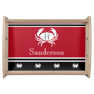 Monogrammed Red Black White Crab Nautical Serving  Tray