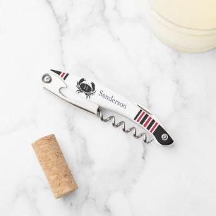Monogrammed Red Black White Crab Nautical Waiter's Corkscrew