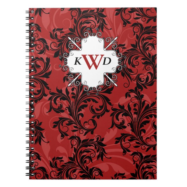Monogrammed Red Black White Scrolls Notebook (Front)