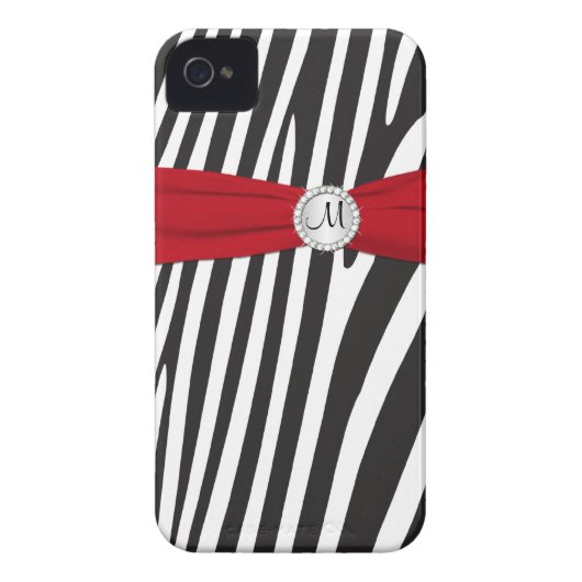 Monogrammed Red, Black, White Zebra Striped Case-Mate iPhone Case (Back)