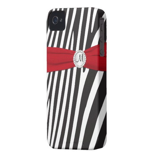Monogrammed Red, Black, White Zebra Striped Case-Mate iPhone Case (Back Left)