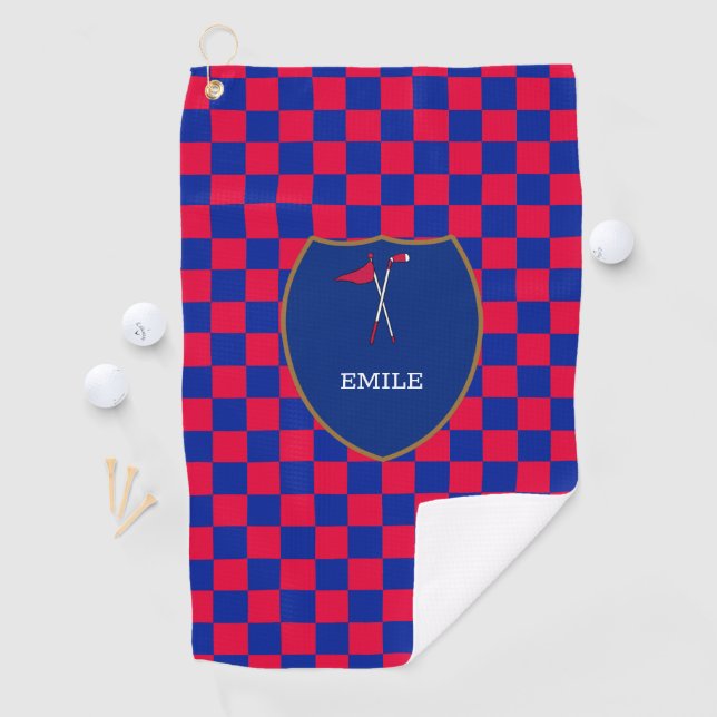 Monogrammed Red Blue Checks & golf club & flag Gol Golf Towel (InSitu)