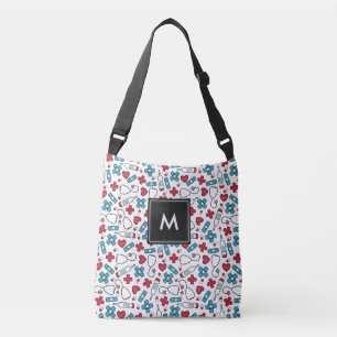 Monogrammed Red Blue Medical Pattern Nurse Crossbody Bag