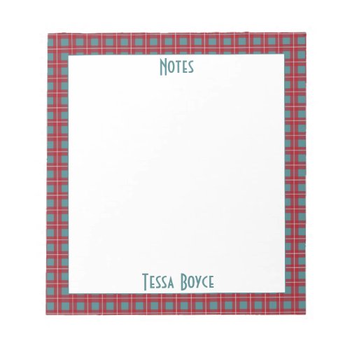 Monogrammed Red Blue Plaid Pattern Trendy Modern Notepad