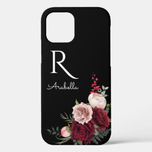 Monogrammed Red Blush Roses on Black iPhone 12 Case