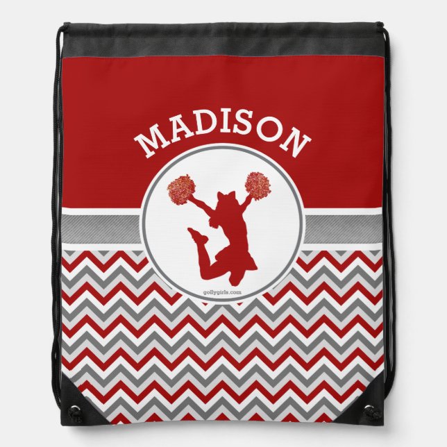 Monogrammed Red Chevron Stripes Pom or Cheer Drawstring Bag (Front)