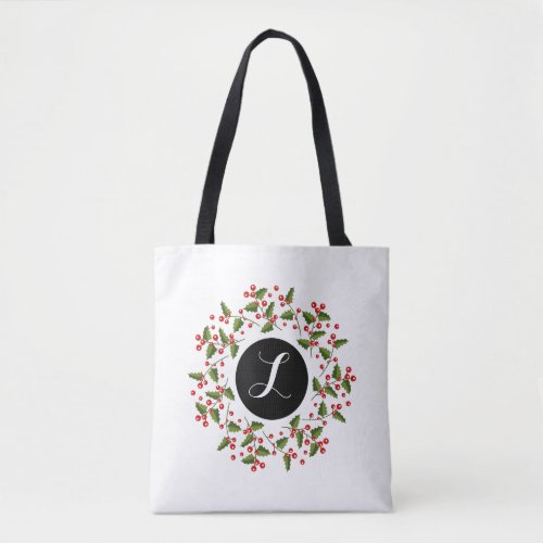 Monogrammed Red Christmas Berries Wreath Tote Bag