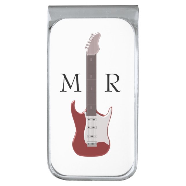 Monogrammed Red Electric Guitar Silver Finish Money Clip (Front Vertical)
