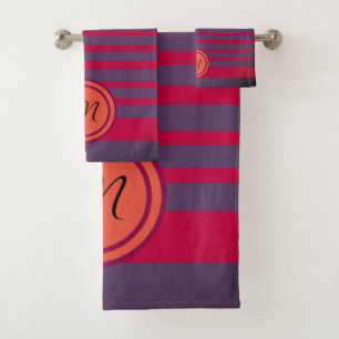 Monogrammed Red Gray  Stripes Bathroom Towel Set