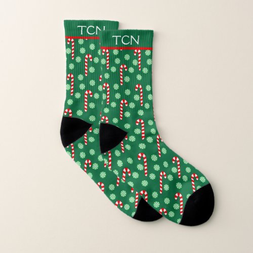 Monogrammed Red Green Candy Cane Christmas Socks