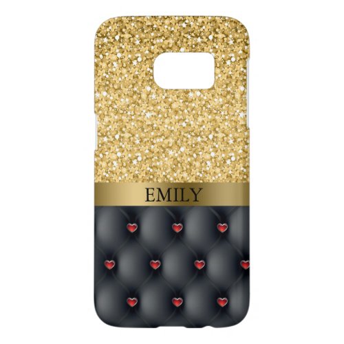 Monogrammed Red Hearts And Gold Glitter Samsung Galaxy S7 Case