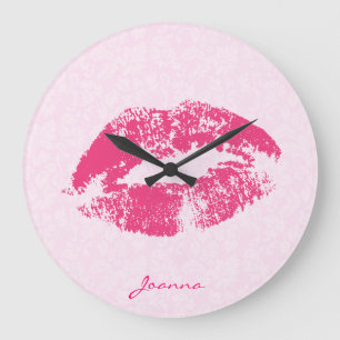 Monogrammed Red Lips Over Light Pink Damask Large Clock