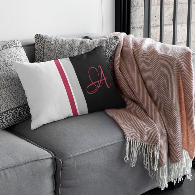 Monogrammed Red Magenta Gray Black Striped Lumbar Pillow (Creator Uploaded)