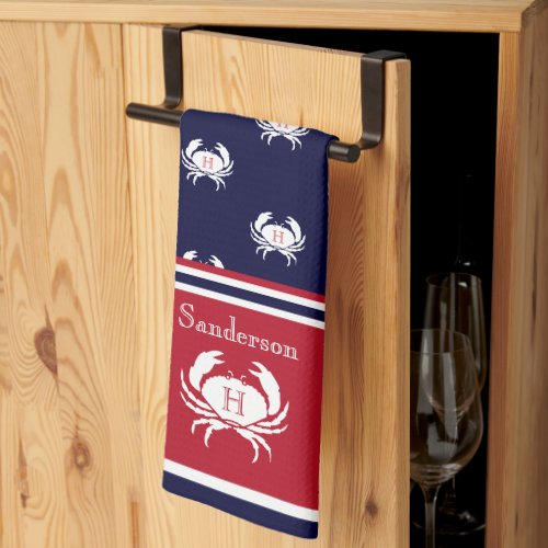 Monogrammed Red  Navy Blue White Crab Nautical  Ki Kitchen Towel