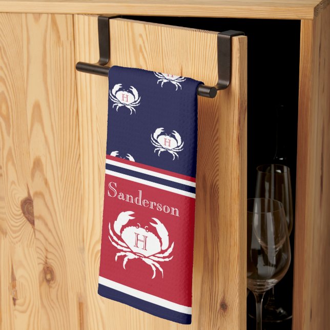 Monogrammed Red  Navy Blue White Crab Nautical  Ki Kitchen Towel (Thirds Fold)