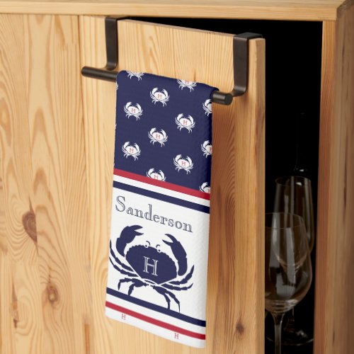 Monogrammed Red  Navy Blue White Crab Nautical  Kitchen Towel