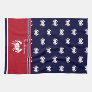 Monogrammed Red  Navy Blue White Crab Nautical  Kitchen Towel