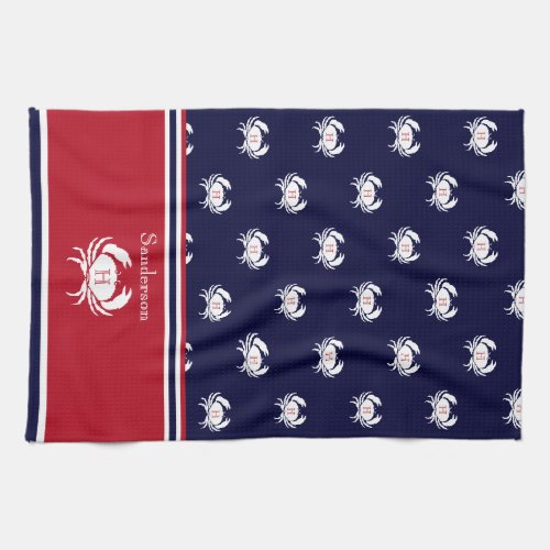 Monogrammed Red  Navy Blue White Crab Nautical  Kitchen Towel