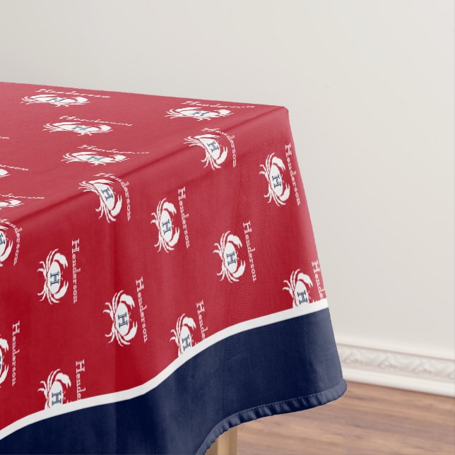 Monogrammed Red Navy Blue White Crab Nautical Tabl Tablecloth (In Situ)