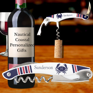 Monogrammed Red Navy Blue White Crab Nautical Waiter's Corkscrew